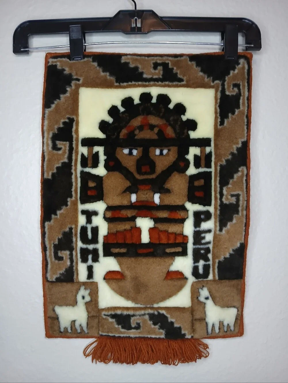 Vintage Peruvian Textile Wall Hanging with Tribal Figure - Brown & Cream
